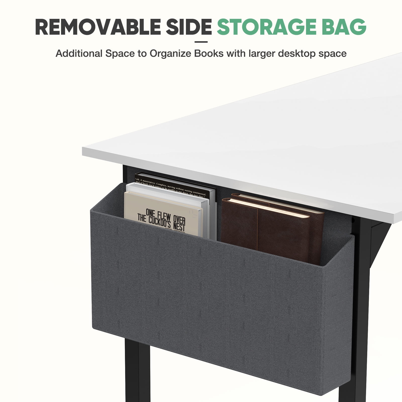 MAYEERTY 47 Inch Writing Desk with Fabric Drawers & Storage Bag, Modern Home Office Desk,White