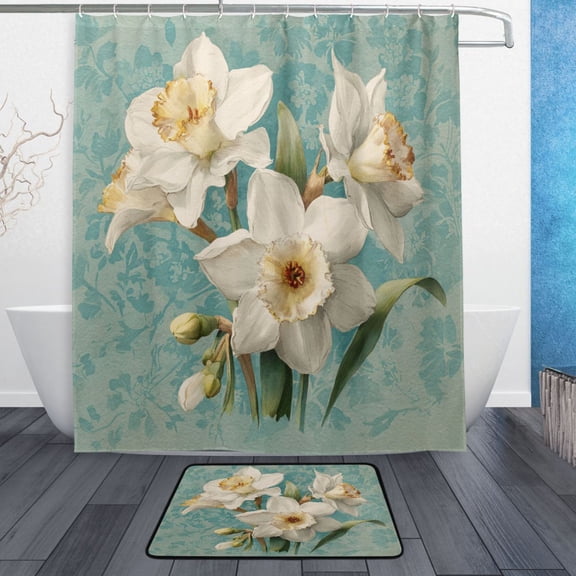 TTYFWHD 60" x 72" Shower Curtain and Bath Mat Set Vintage Watercolor White Daffodils Waterproof Bathroom Curtain with 12 Hooks, Bathroom Decor Set