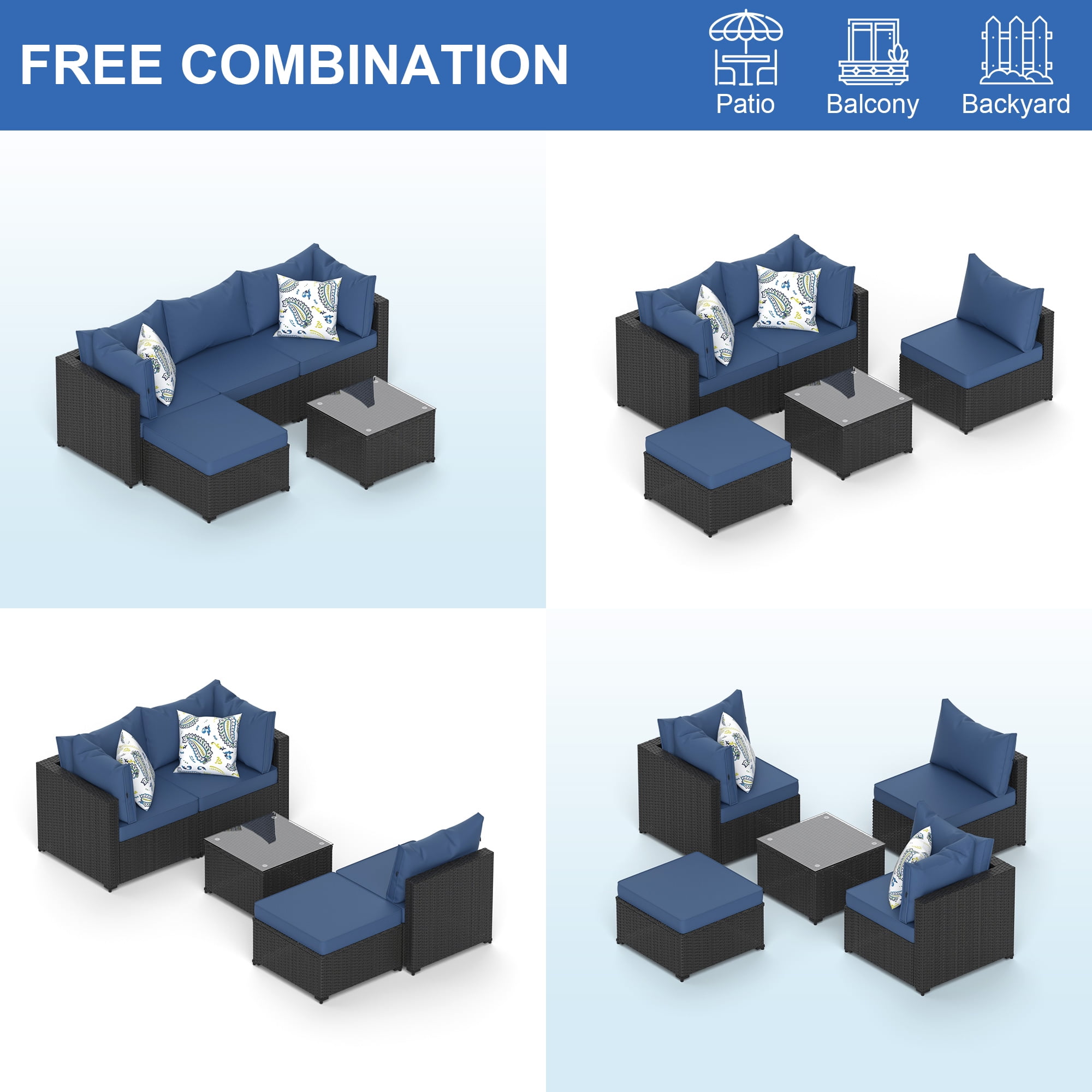 5 Pieces Outdoor Patio Furniture Set Sectional with Ottoman Wicker Rattan Patio Couch,Blue
