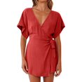 thumbnail image 2 of HBFAGFB Combinaison Femme Couleur Unie Simple Col en V Manches Courtes Combinaisons pour Femmes Habillé Rouge Taille m, 2 of 4