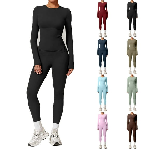 FRSASU Two Pieces Women's Solid Color Tracksuit Set Sleeves Round Neck Top and Long Pants High-Waisted Tight Yoga Pants Sets Red