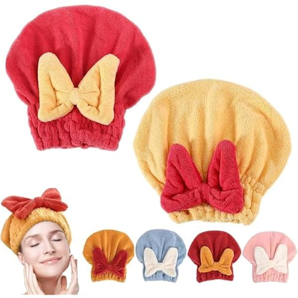 wonima11 Super Absorbent Hair Towel Wrap for Wet Hair, 2026 New Microfiber Quick-Drying Hair Wrap Towel with Soft Bow, Thickened Toalla para el Cabello for Women, Fast Dry Hair Towel Cap (2 PCS-B)