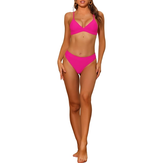 Conjuntos de bikini de triángulo de 2 piezas para mujer, parte superior con escote en V y tirantes ajustables, parte inferior básica, trajes de baño S color rojo rosa