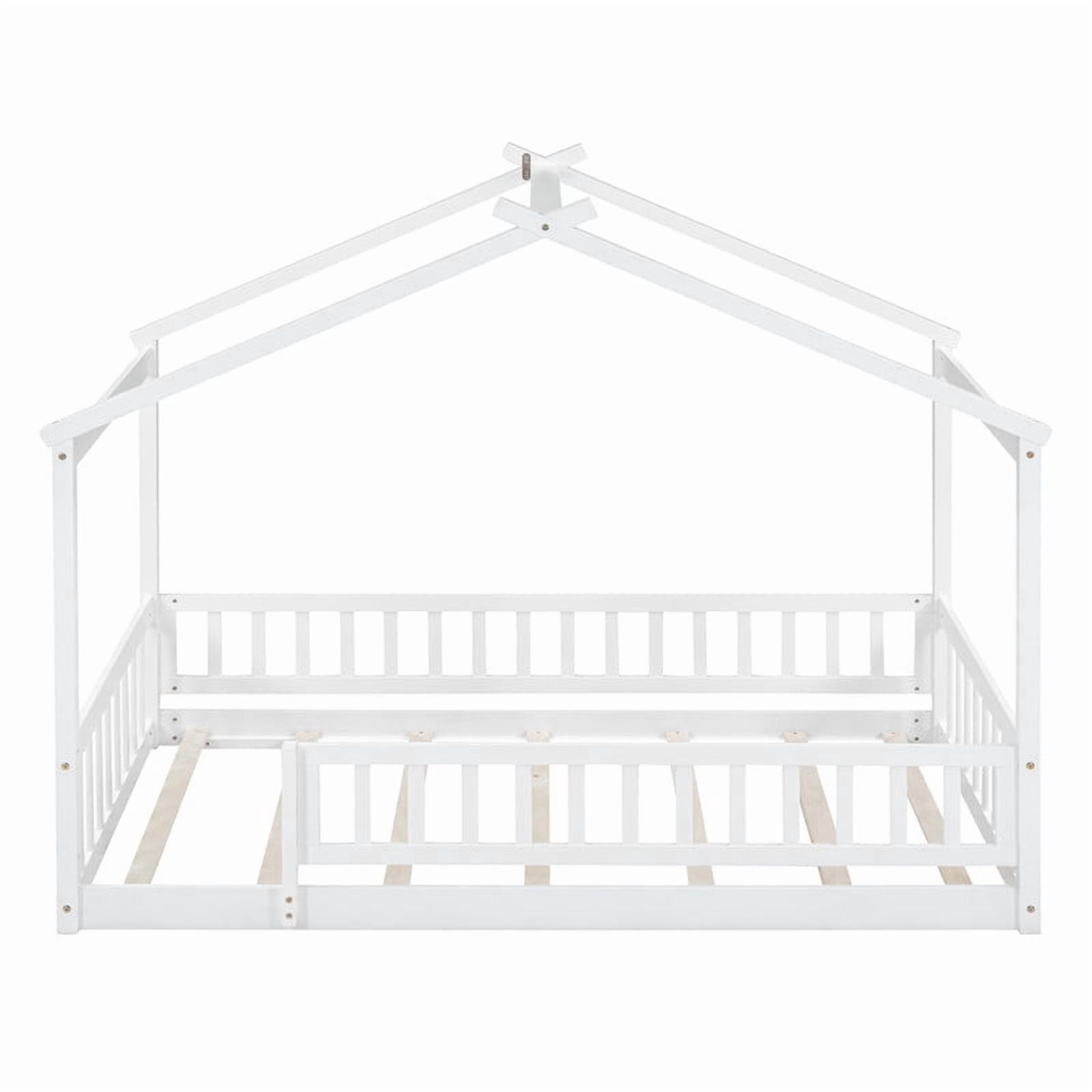 Twin Size Wood House Bed Floor Bed with Fence and Guardrails, Kids Playhouse Bed Toddler Bed Montessori Bed for Kids Boys Girls, No Box Spring Needed