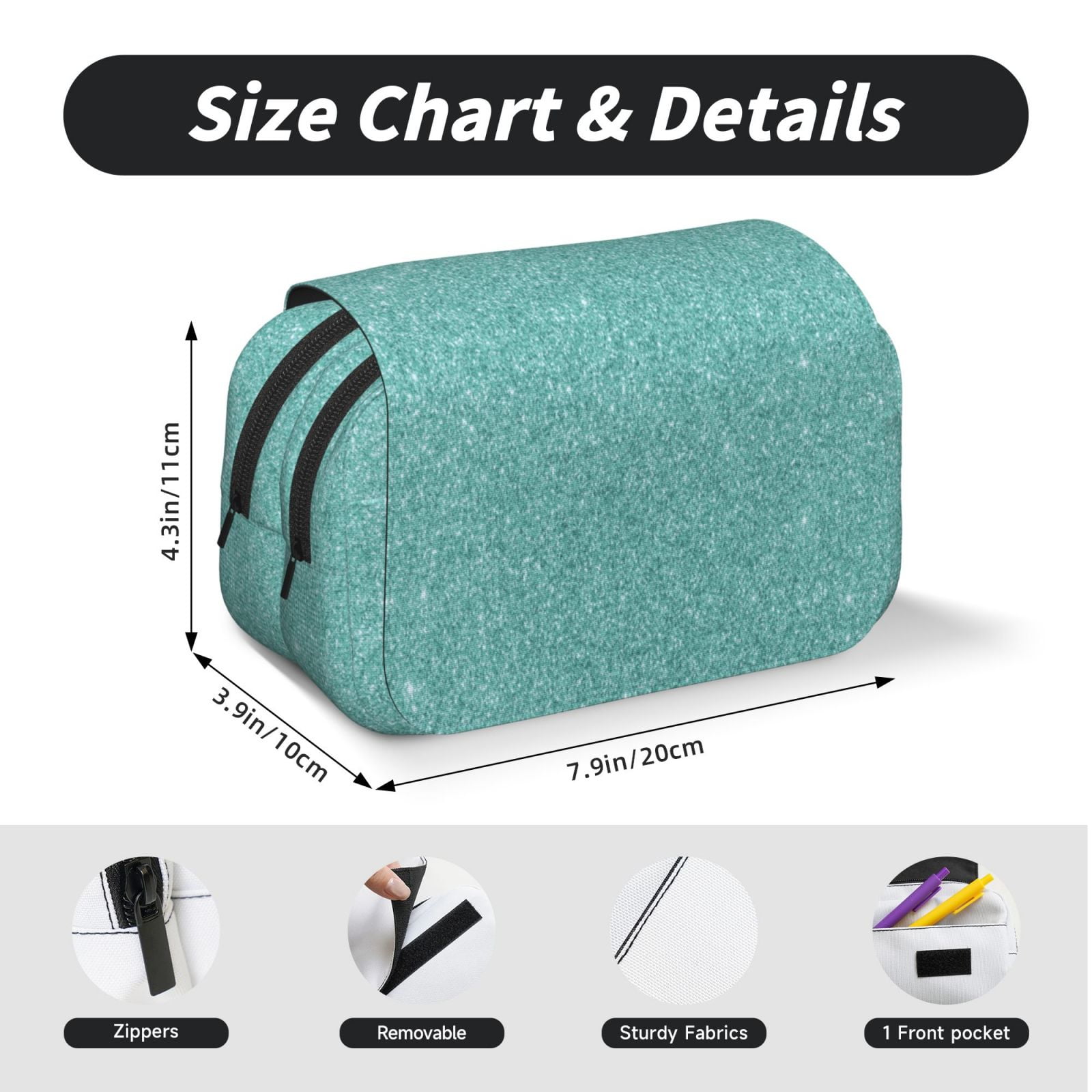 Rateoe Teal Green Glitter Pattern Double Clamshell Pen Case, Storage Organizer with Two Zipper Compartments– Holds Up to 50 Pencils & Pens