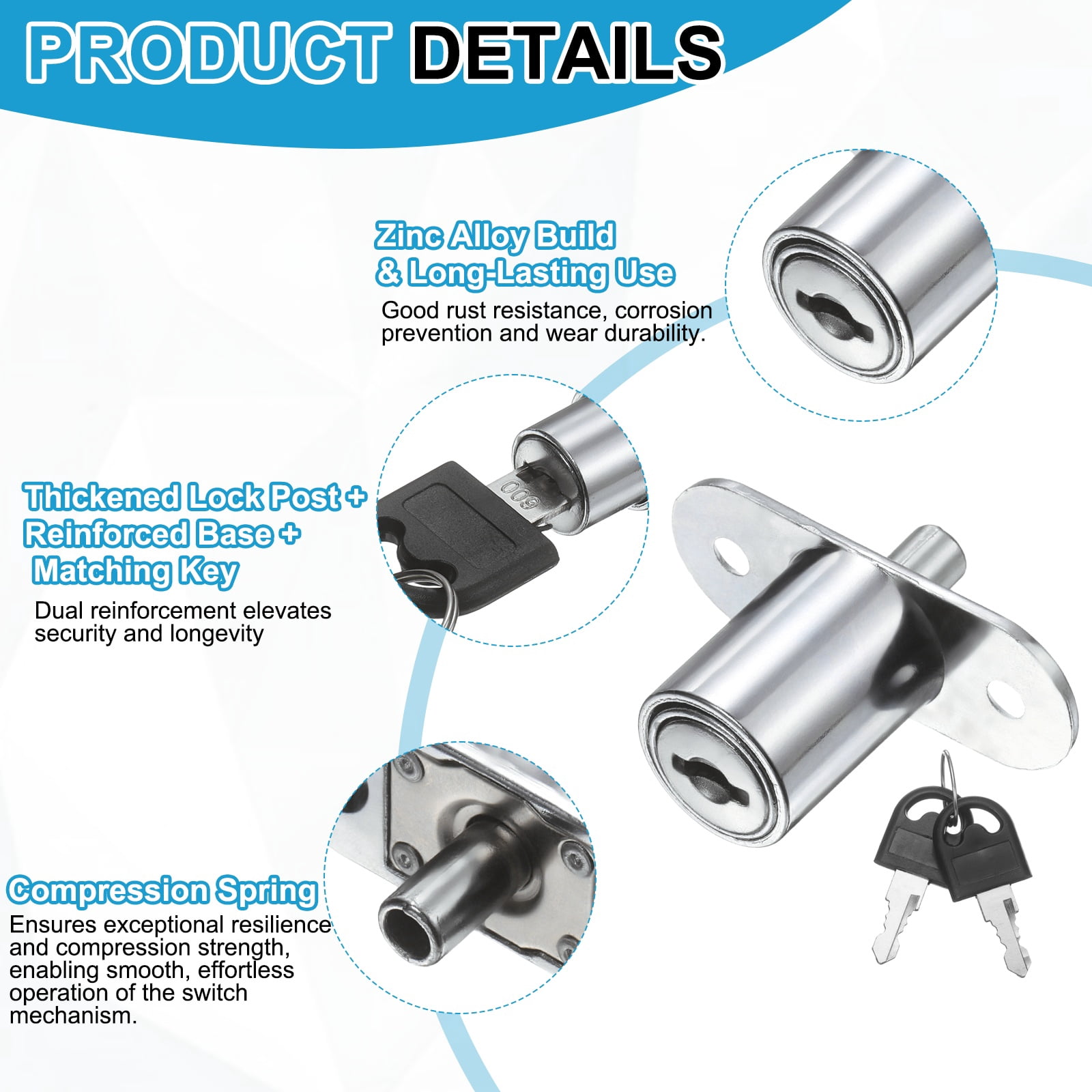 Uxcell Push Plunger Lock 23mm(8/9 Inch) Cylinder Length, 6 Pcs Zinc Alloy Cabinet Door Lock Keyed Alike for File Desk Drawer Wardrobe Sliding Door