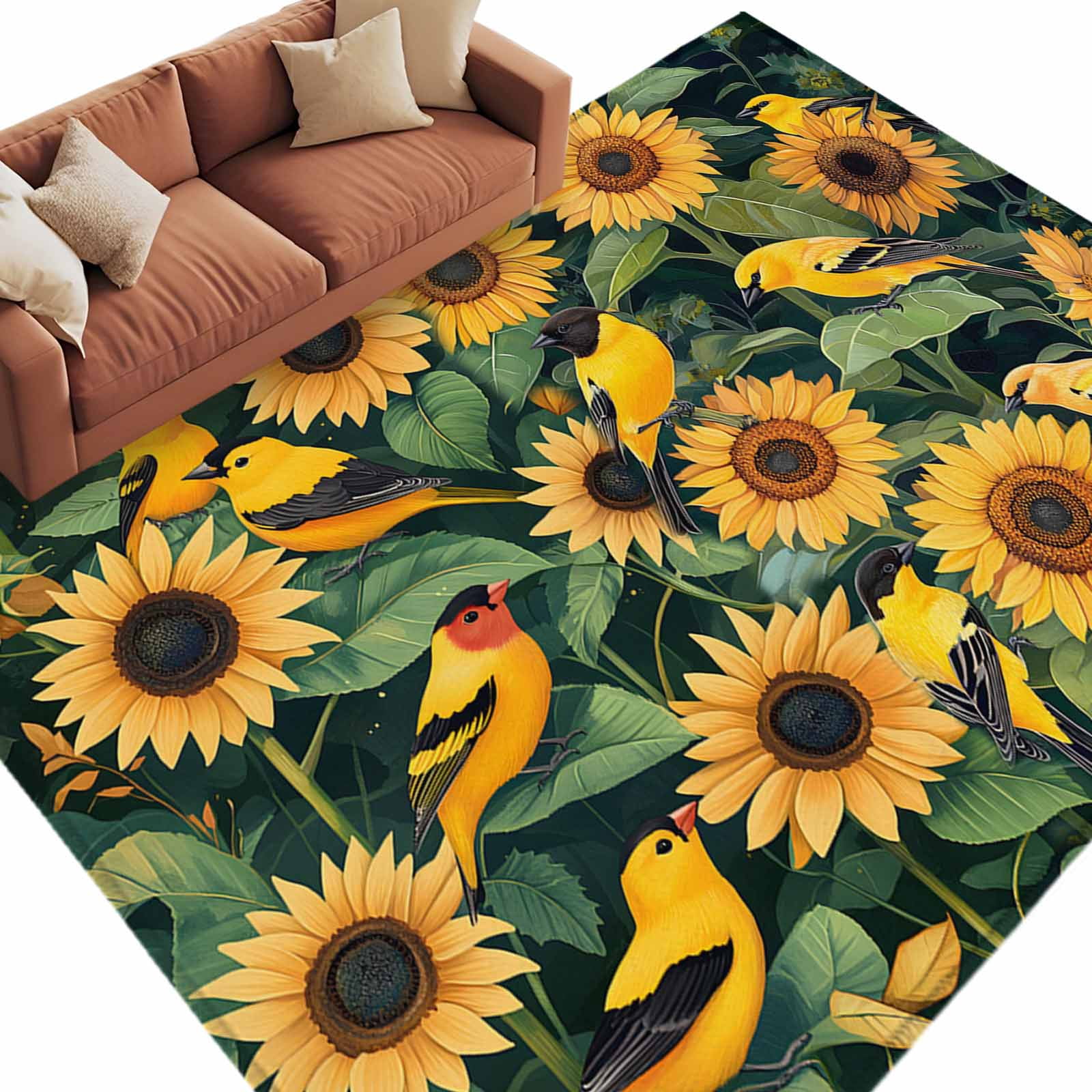 5'x8' Area Rugs, Yellow Sunflower Birds Indoor Outdoor Area Rug for Living Room Bedroom, Spring Leaves Retro Country Washable Bathroom Rugs Kitchen Floor Carpet Mats Home Decor Aesthetic