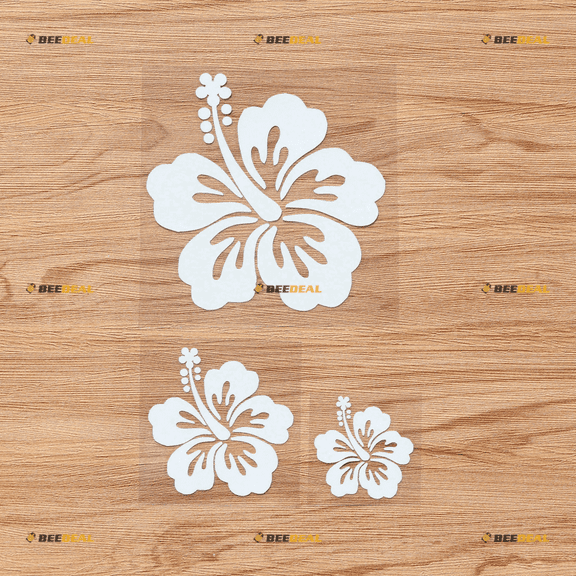 Hibiscus Flower Hawaii Hawaiian Vinyl Decal Sticker - 3 Pack White, 2 Inches, 3 Inches, 5 Inches - No Background for Car Boat Laptop Cup Phone