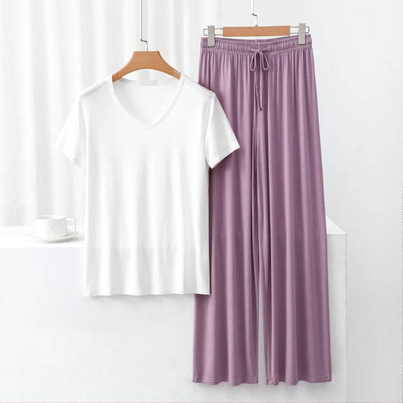 LIZUOJUN Modal Pajamas for Women V Neck Short Sleeve Long Pants Wide Leg Soft Stretchy Lightweight Sleepwear Loungewear 2 Piece Set Summer Spring - L