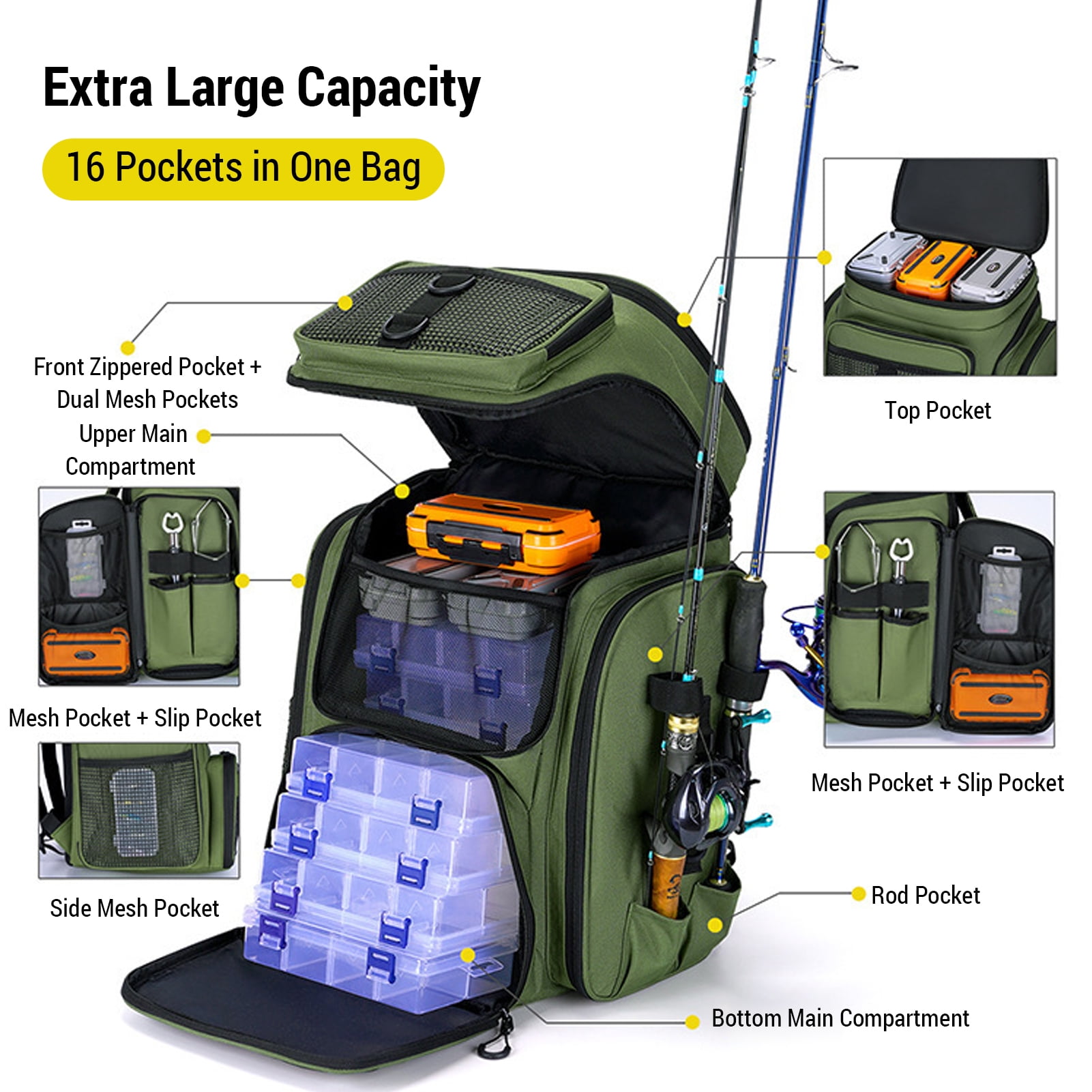 Blusea Fishing Tackle Backpack , Large Outdoor Storage Tackle Bag  for Fishing Gear,Green（NO Trays）