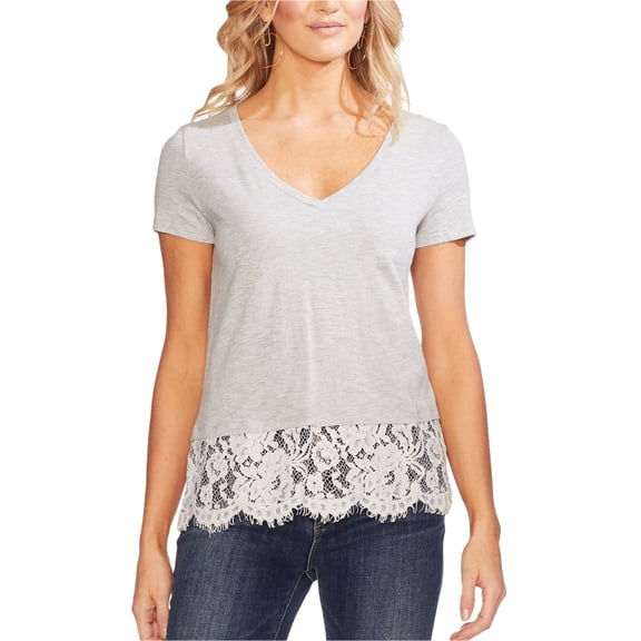 Vince Camuto Womens Lace Border Embellished T-Shirt, Grey, X-Small