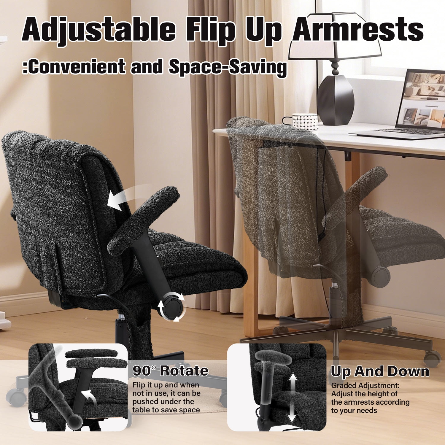 Criss Cross Chair with Dynamic Lumbar Support, Fabric Cross Legged Office Chair with Flip Arms and Wheels, Wide Swivel Vanity Chair for Home Office, Study, Makeup Room