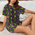thumbnail image 4 of Fuzoiu Mardi Gras Shiny Green Purple Print Women's Short-Sleeved Pajama Set,Lounge Sleepwear Set,Womens Pajama Sets 2 Piece,Button-Up Top and Shorts with Pockets-Large, 4 of 7