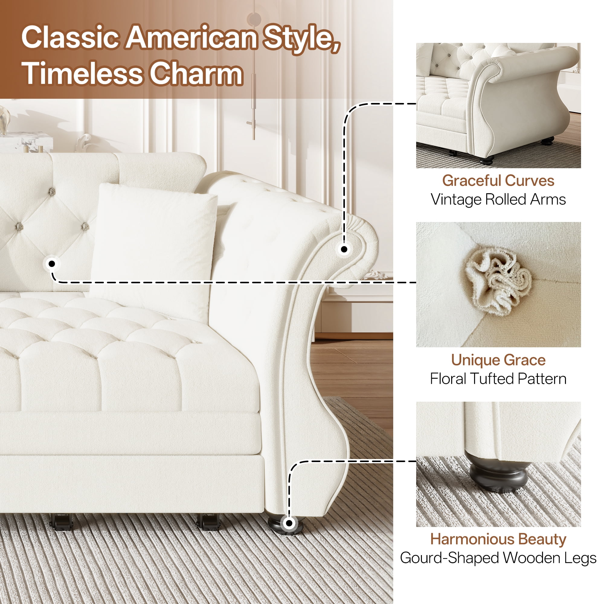 Chesterfield Pull Out Convertible Sofa Bed, Classic Flower Tufted Velvet Loveseat Sleeper Couch With Roll Arms and Pillows, for Living Room Apartment Office