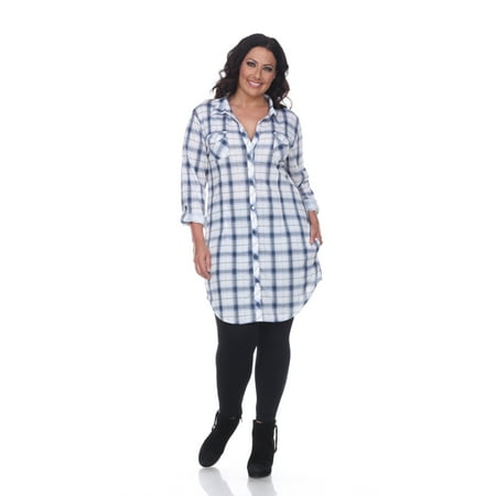 White Mark Long Sleeve Plus Size Stretchy Plaid Tunic Shirt For Women