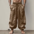 thumbnail image 2 of PIMSSY Men Pants Linen Pants Summer Pants Loose Pants Drawstring Elastic Waist Wide Leg Plain Grain Comfortable Full Length Outdoor Yoga Fitness Fashion Pants Male Holiday Solid Color Slacks, 2 of 7