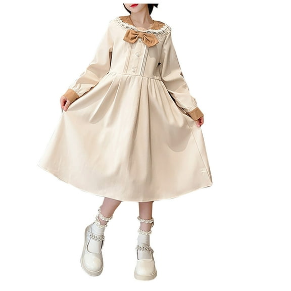 Kogui Girls Long Sleeve Dress Toddler Girl Dress Girls Dresses Long Sleeve Casual Fall Dresses for Kids(Beige,120)