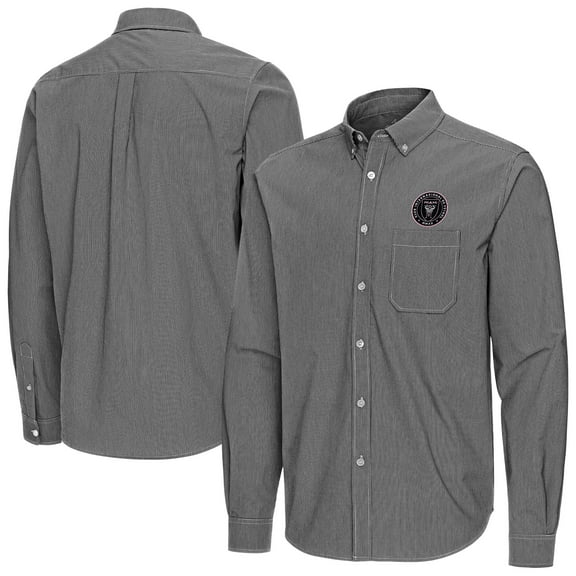 Men's Antigua Black Inter Miami CF Porter Woven Tri-Blend Long Sleeve Button-Down Shirt
