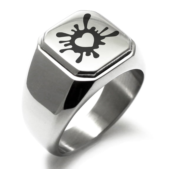 Stainless Steel Heart Love Splatter Engraved Square Flat Top Biker Style Polished Ring
