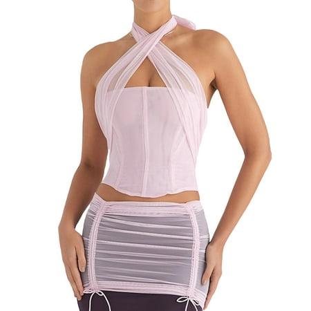 

Tsseiatte Women Summer Halterneck Tops Corset Mesh Bandage Backless Sleeveless Crop Tops Streetwear