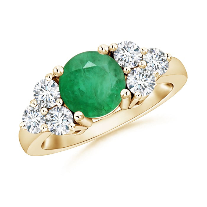 May Birthstone Ring - Round Emerald Solitaire Ring With Trio Diamonds ...