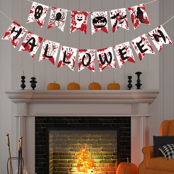 Juego de guirnaldas de estandartes de Halloween | 15 Banderas de Papel de Estilo Doble con Calabazas, Fantasmas, Calaveras, Murciélagos | Colgador de puerta de pared navideño reutilizable | Cuerda