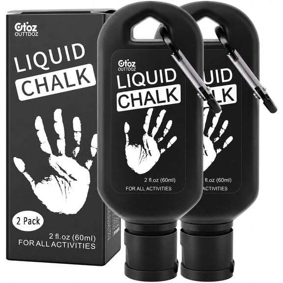 Liquid Chalk 2 Pack, 2 oz Gym Chalk with Carabiner Bottles & Retail Box, Mess-Free Sweat-Resistant Grip for Weightlifting, Gymnastics, Rock Climbing