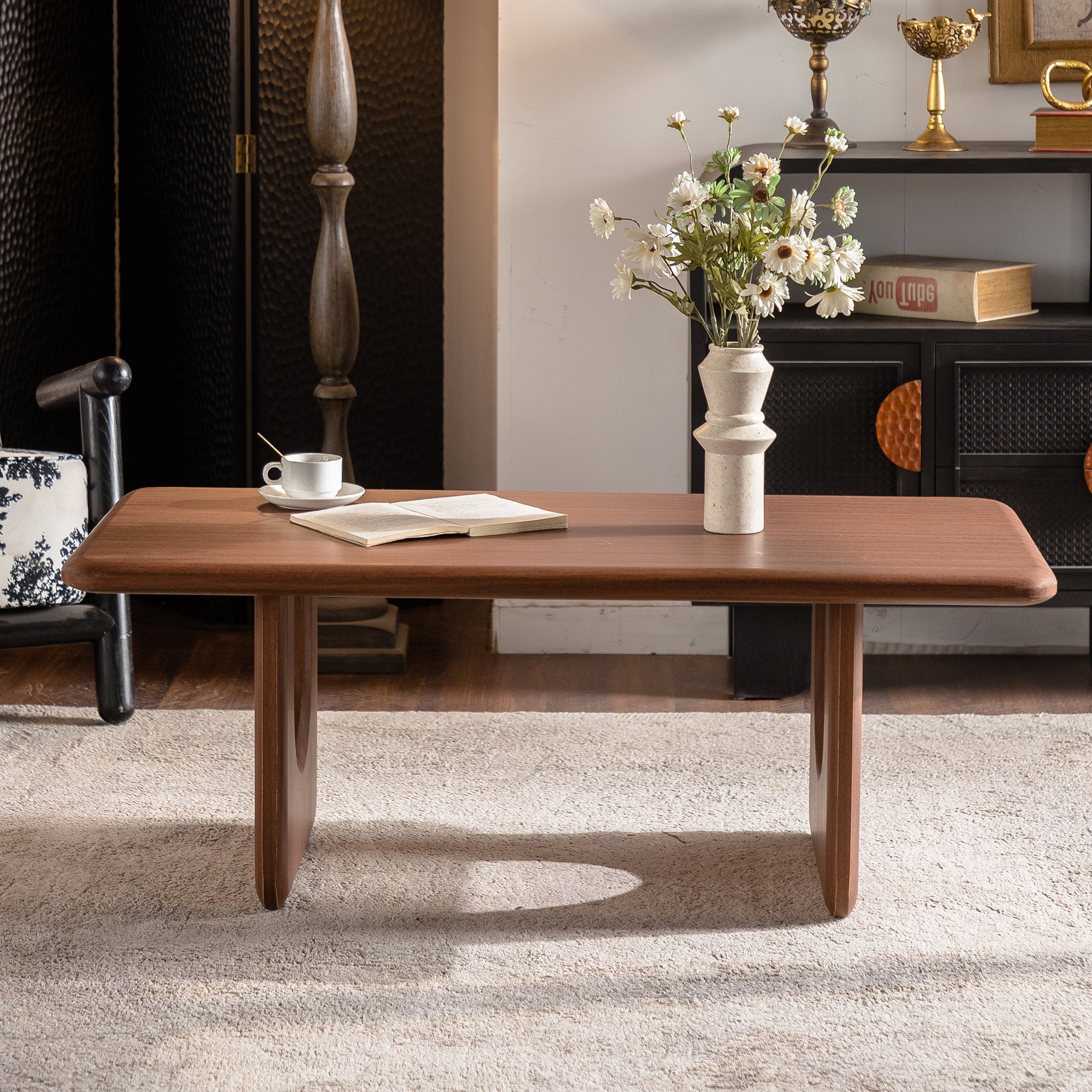 Leumius Rectangular Wood Coffee Table, Modern Minimalist Coffee Table with U-Shaped Legs, Walnut Finish Low Center Table for Living Room, Mid-Century Cocktail Table for Home Office