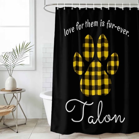 Cats Pawprints Shower Curtain Set Waterproof Shower Curtains for Bathroom Yellow Black Buffalo Plaid Pets Paw Washable Fabric Cloth Bath Curtain for Bathtub Decoration with Hooks 60x72 Inches