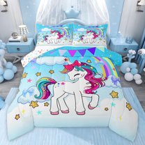 Castle Fairy Cartoon Unicorn Queen Comforter Set,Rainbow Stars Print Bedding Comforter Set
