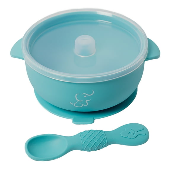 Plato Hondo con Tapa y cuchara Papubaby con base de succión Azul