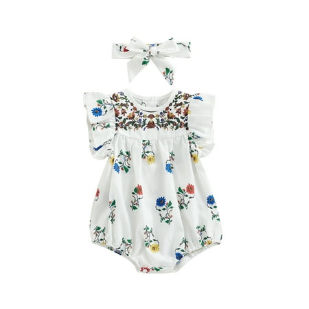 

aturustex 0-18 Months 2Pcs Infant Baby Girls Romper Floral Print Fly Sleeve Crew Neck Jumpsuits Summer Newborn Bodysuits with Headband