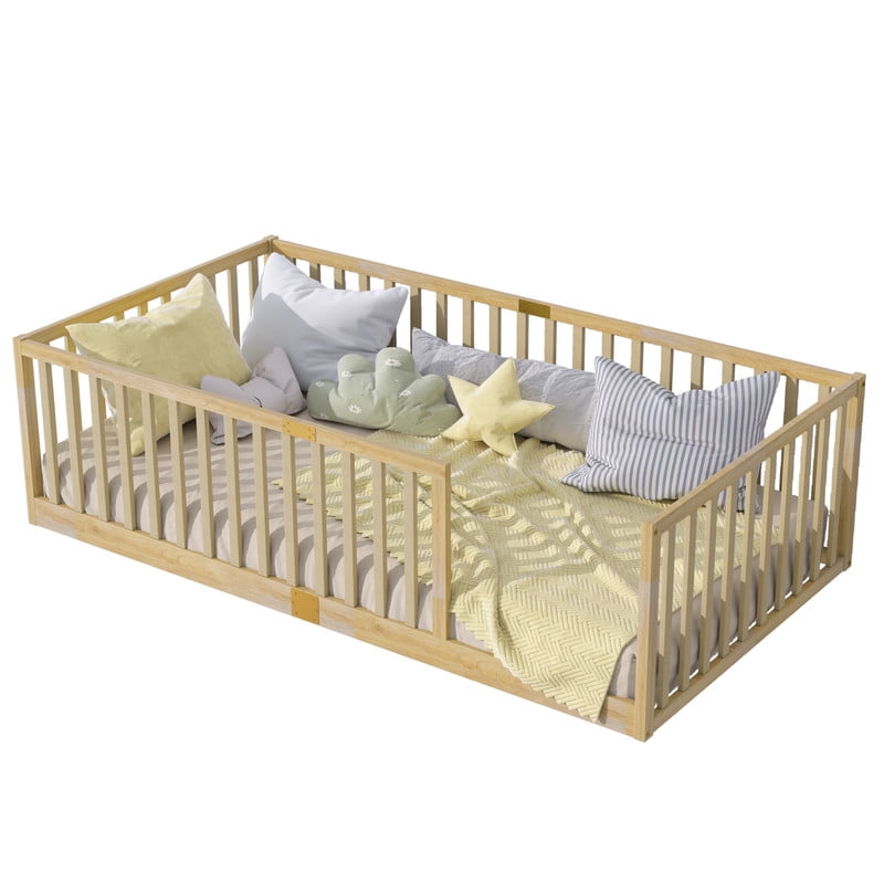 Mirightone Twin Size Wood Montessori Floor Beds with High Fence Railings, Twin Floor Bed with Slats, Twin Playhouse Bed Frame, (Natural&nbsp;)