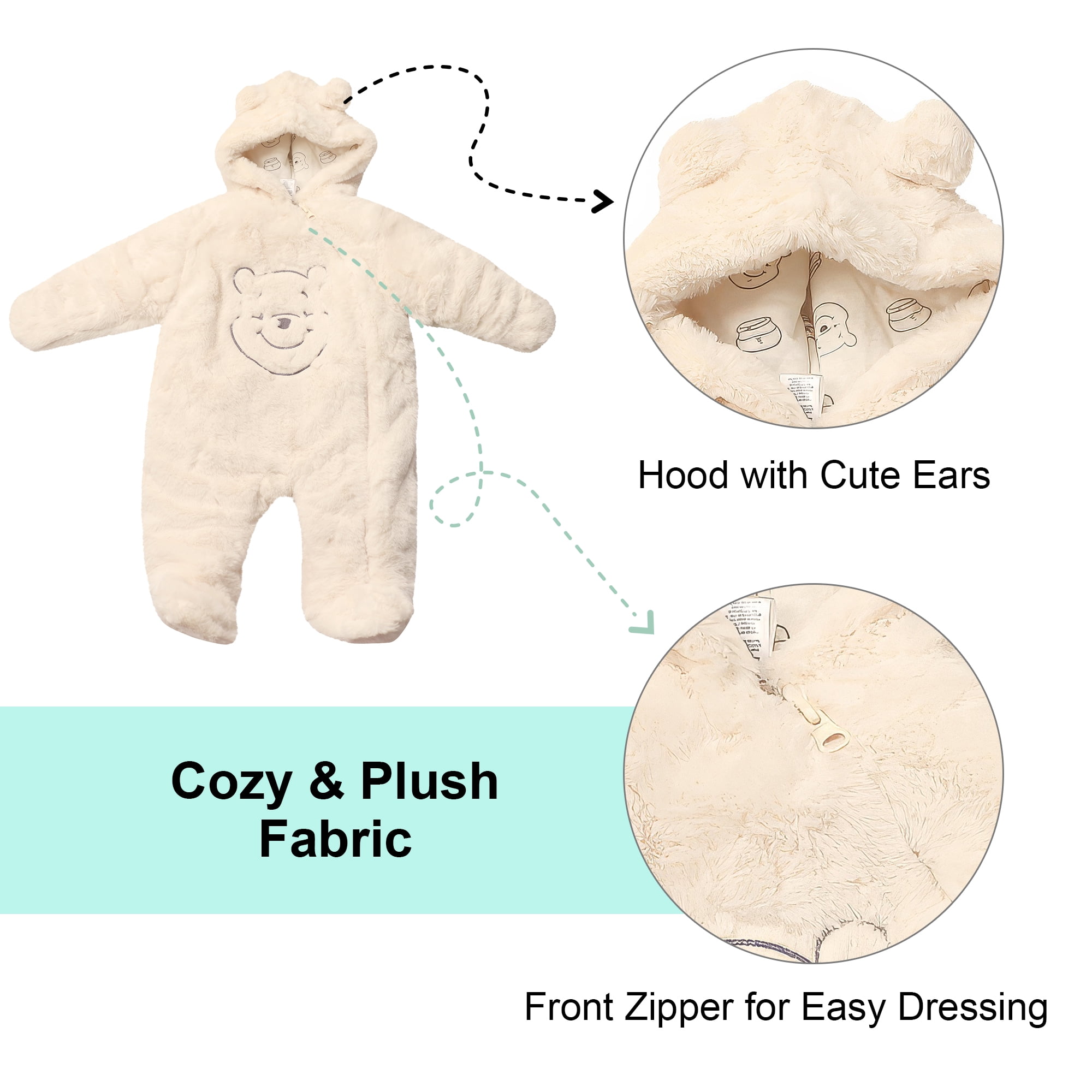 Disney Clothes Baby Boys Hooded Pram Suit – Fleece Footed Onesie with Ears, Winnie the Pooh Outfit (0/3M–6/9M)