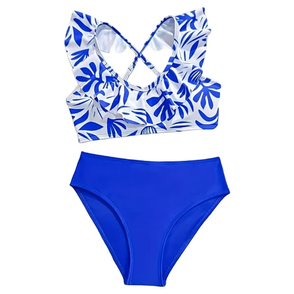 Staki Girls Bathing Suit Girls Swimsuit Bikini Set 2 Piece Bathing Suit Tiered Ruffled Contrast Trim Adjustable Straps Girls Swimwear 3-6Y(Blue,3-4 Years)