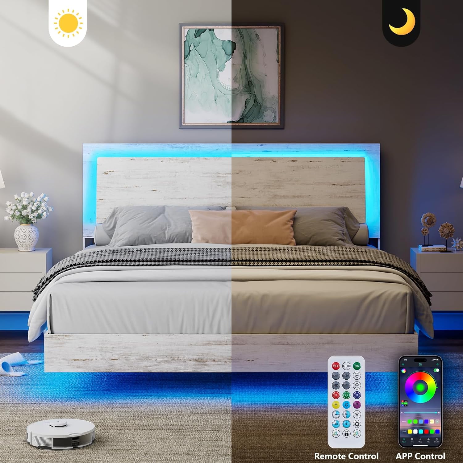 VanAcc Full Size Wood Floating Bed Frame with Headboard & LED Light, Wooden Platform Bed Frame with Slats Support, Easy Assembly, White Birch