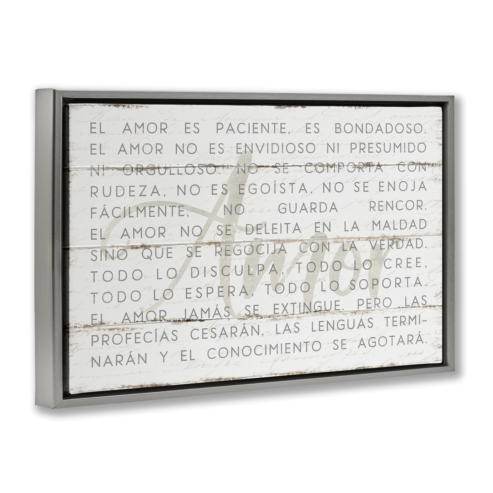 Stupell Industries Amor es Paciente y Bondadoso Inspirational Quotes & Sayings Painting Gray Floater Framed Art Print Wall Art, 25 x 17