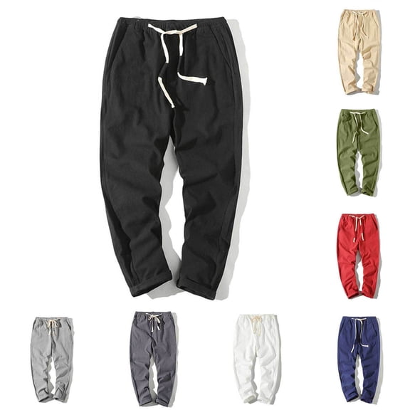 YHAJDS Men Cotton Ankle Pants Solid Color Drawstring Washed Straight Outdoor Casual Bottoms