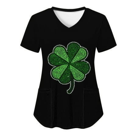 

St. Patrick s Day Scrub Tops for Women Short Sleeve V Neck Shamrock Graphics Nurse Uniform Shirts with Pocket