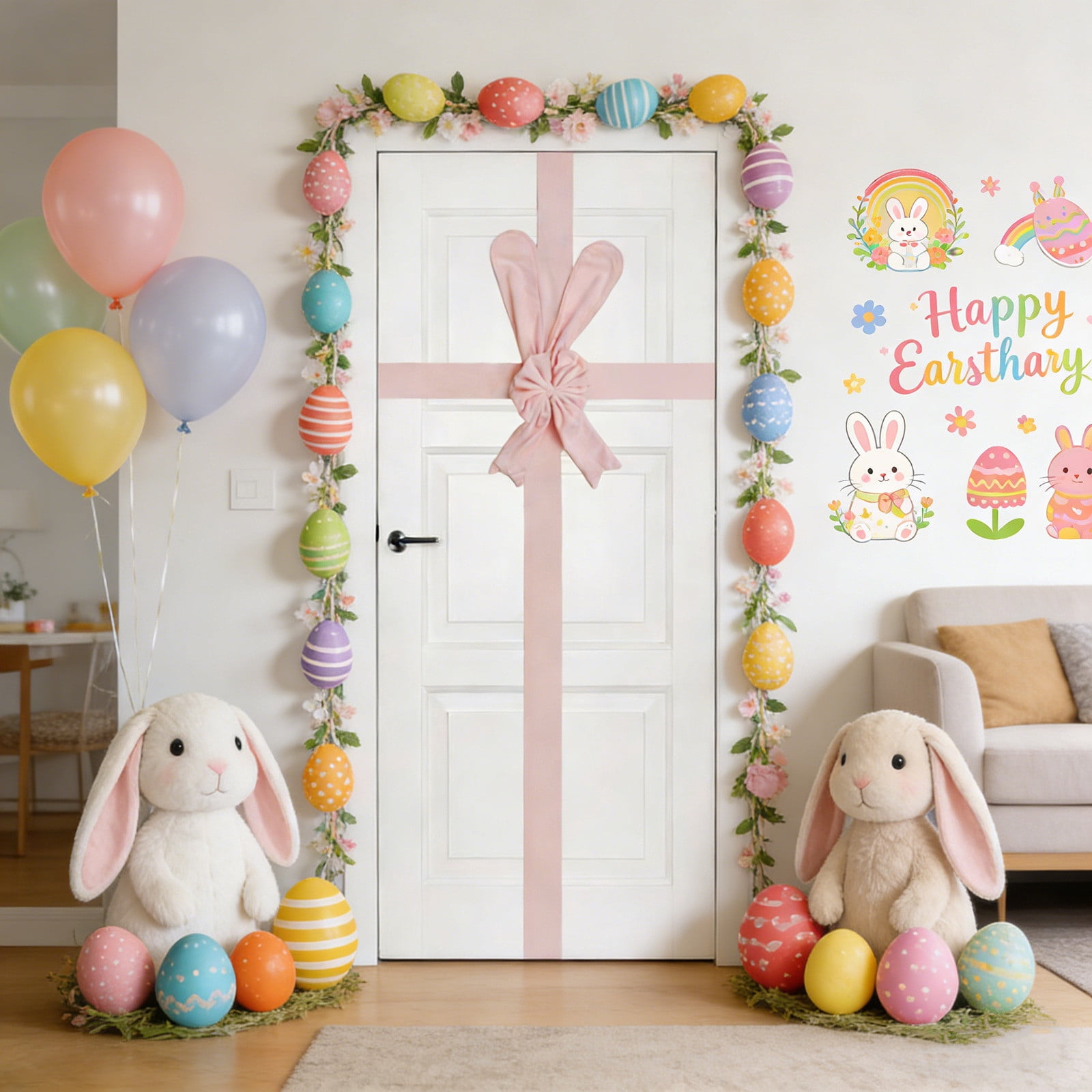 Easter Bunny Door Hanger with Floppy Ears and Bow Decorative Plush for Entry Cabinet Mantel Handle Spring Home Decor