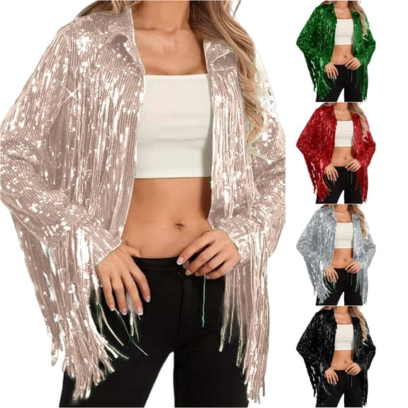 Jane Wardrobe Fringe Sequin Open Front Jacket for Women, Collared Long Sleeve, Sparkly Party Outerwear, 1 Piece, S-3XL, Plus Size Friendly