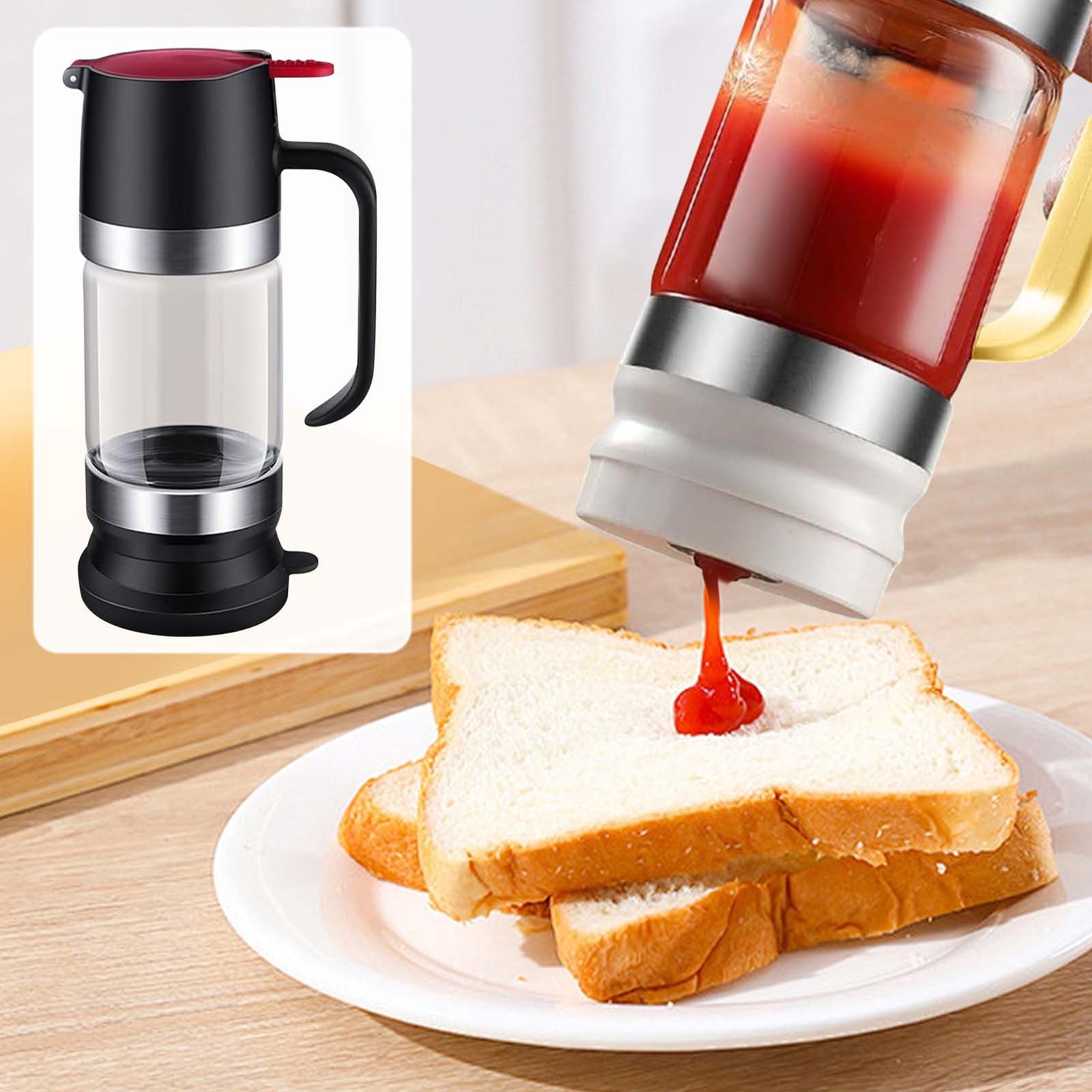 350ml Honey Dispenser High Borosilicate Glass Bottle with Press Top, Glass Syrup Bottle with Drip Free Spout, Kitchen Condiment Dispenser for Oil Maple Syrup, Sauce Bottle with Lid