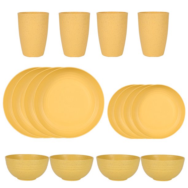 Nvzi 16pcs Wheat Straw Dinnerware Set,Plates and Bowls Set,Camping Dish Set for 4, Plastic Dinnerware Set,Dishwasher Safe Dinnerware Set,Yellow