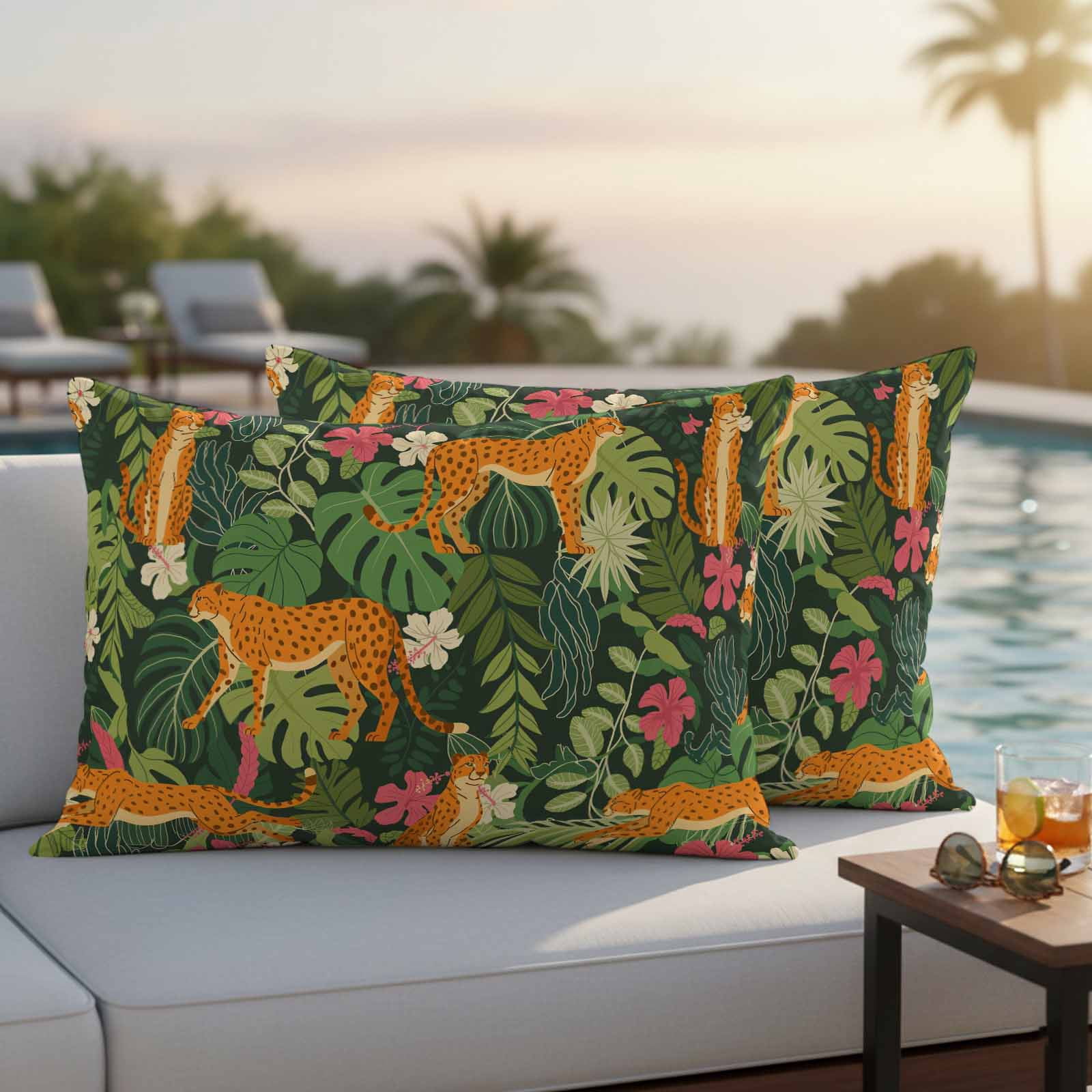 Tropical Plants Outdoor Waterproof Pillow Covers, Summer Botanical Animals Flowers Leaves Decorative Rectangle Throw Pillowcase Sofa Cushion Sham for Patio/Couch/Chair, 20"x12" 2 Pack