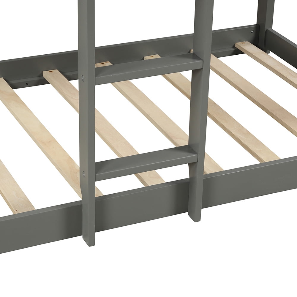 Kepooman Twin Over Twin Wood Bunk Bed with Roof & Window & Guardrail & Ladder for Kids, 77.8"L x 41"W x 83.1"H, Gray Kepooman Twin Over Twin Wood Bunk Bed with Roof & Window & Guardrail & Ladder for Kids, 77.8"L x 41"W x 83.1"H, Gray
