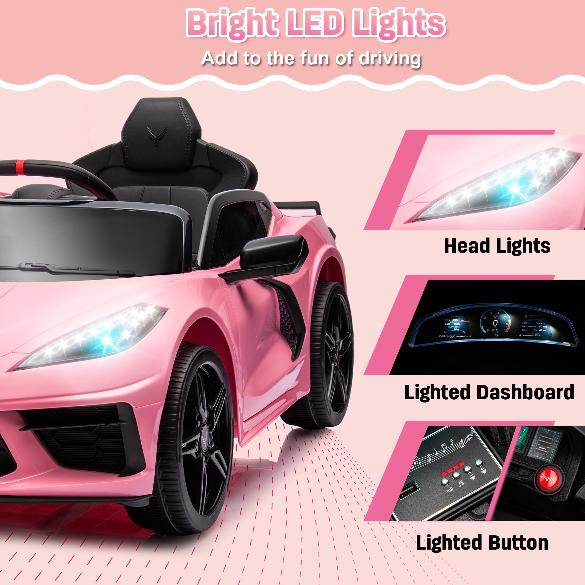 Chevrolet Corvette C8 Licensed Ride on Car,Wisairt 12 V Battery Powered Electric Vehicle w/ Remote Control,Bluetooth,LED Lights and Heightened Windows(Pink)