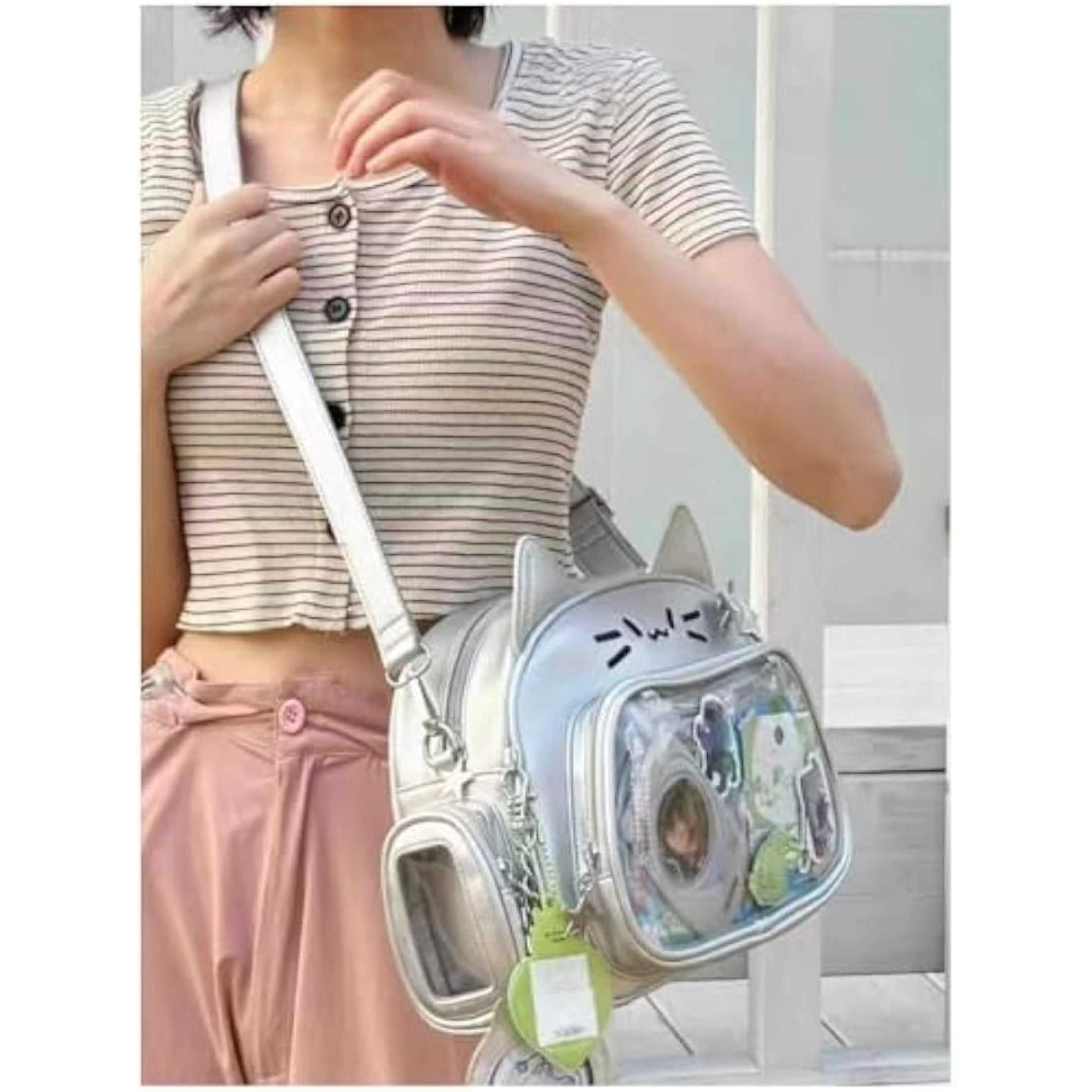 Cat Ita Bag with Clear Pin Window, Cute Anime Backpack, Pin Display Backpack, Kawaii Japanese PU Leather Y2k Aesthetic Shoulder Bag
