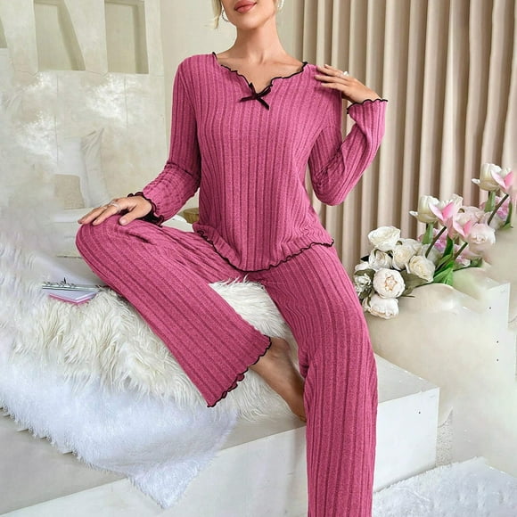 Alitao Pajamas for Women Set Lounge Sets Ribbed Pajama Sets For Women Pullover V Neck Long Sleeve Sleepwear Matching Comfy Long Pants Outfits Women'S Sleepwear Two Piece Sets Red S