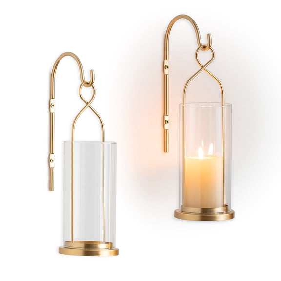 Sziqiqi Set of 2 Gold Wall Sconces with Hurricane Glass: Modern Candle Holders for Living Room, Porch, Fireplace Gift Indoor Outdoor Decor