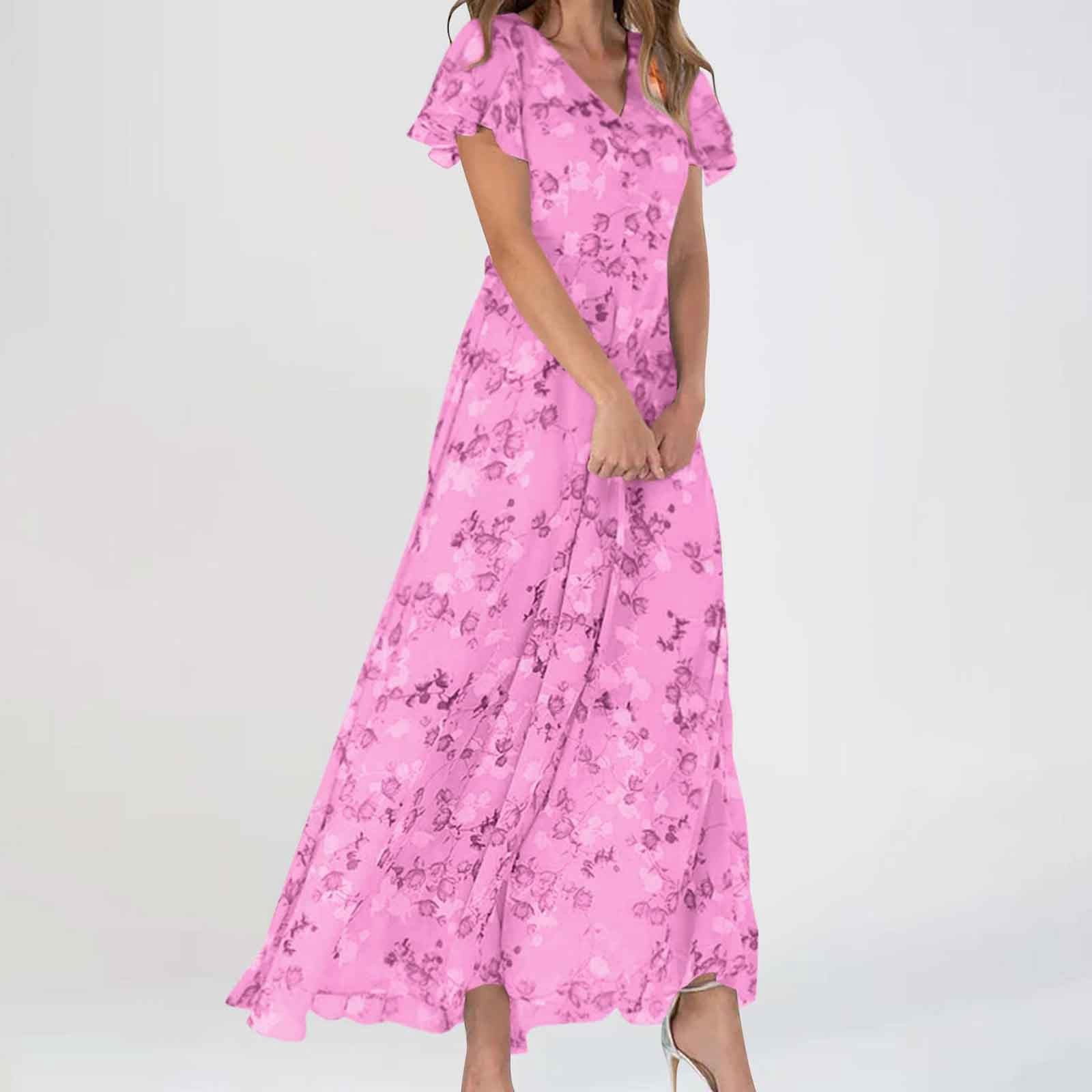 JYLPZYR Petite Summer Dresses For Women Women'S Fashionable Summer Casual Floral V Neck Short Sleeved Long Dress Long(Pink,XXL)